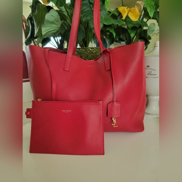Saint Laurent Large Red Leather Tote with Pouch - Picture 1 of 16